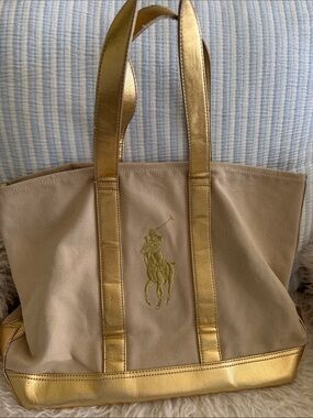 Ralph Lauren Tan Canvas Tote with Gold Metallic Trim and Polo Embroidery